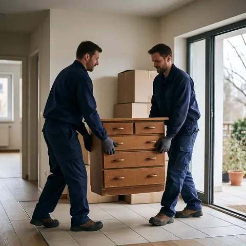 Entrümpelung: zwei Mitarbeiter tragen eine Kommode aus einer Wohnung
