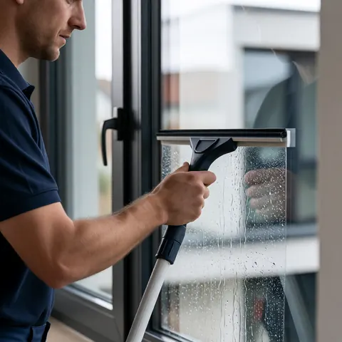 Fensterreinigung mit dem Abzieher an einer großen Glasfläche