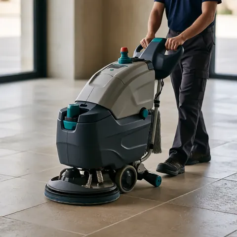 Grundreinigung eines Fliesenbodens mit der Scheuersaugmaschine