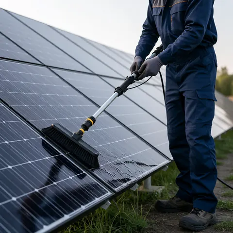 Solarreinigung: Photovoltaikmodule werden mit einer Teleskopbürste gereinigt