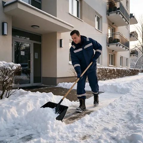 Winterdienst: Schneeräumen auf dem Gehweg vor einem Wohnhaus